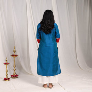 Blue - Aaliya Slub Silk Straight Plain Kurta with Patchwork