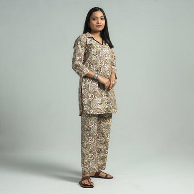 Beige - Pedana Kalamkari Block Printed Cotton Co-Ord Set