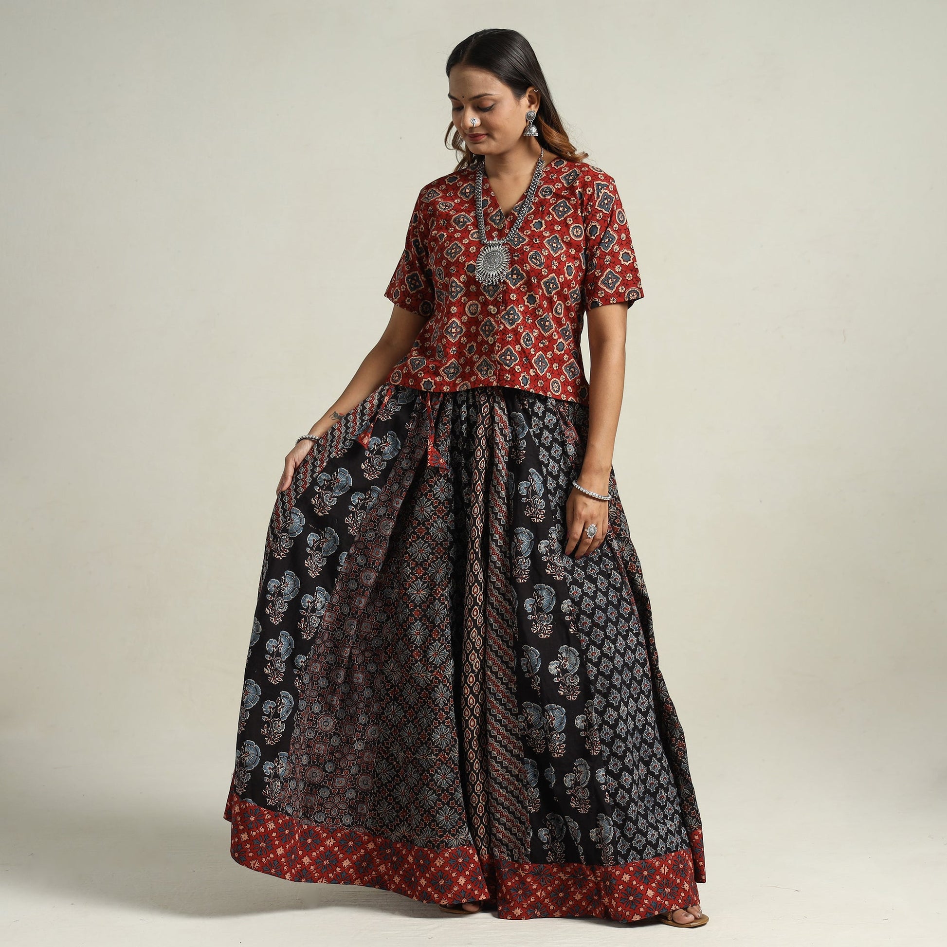 Black - Ajrakh Block Printed 24 Kali Patchwork Cotton Long Skirt 11