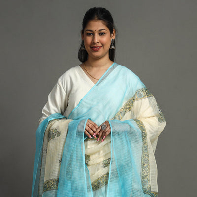 Blue - Block Printed Kota Doria Cotton Sanganeri Dupatta 50