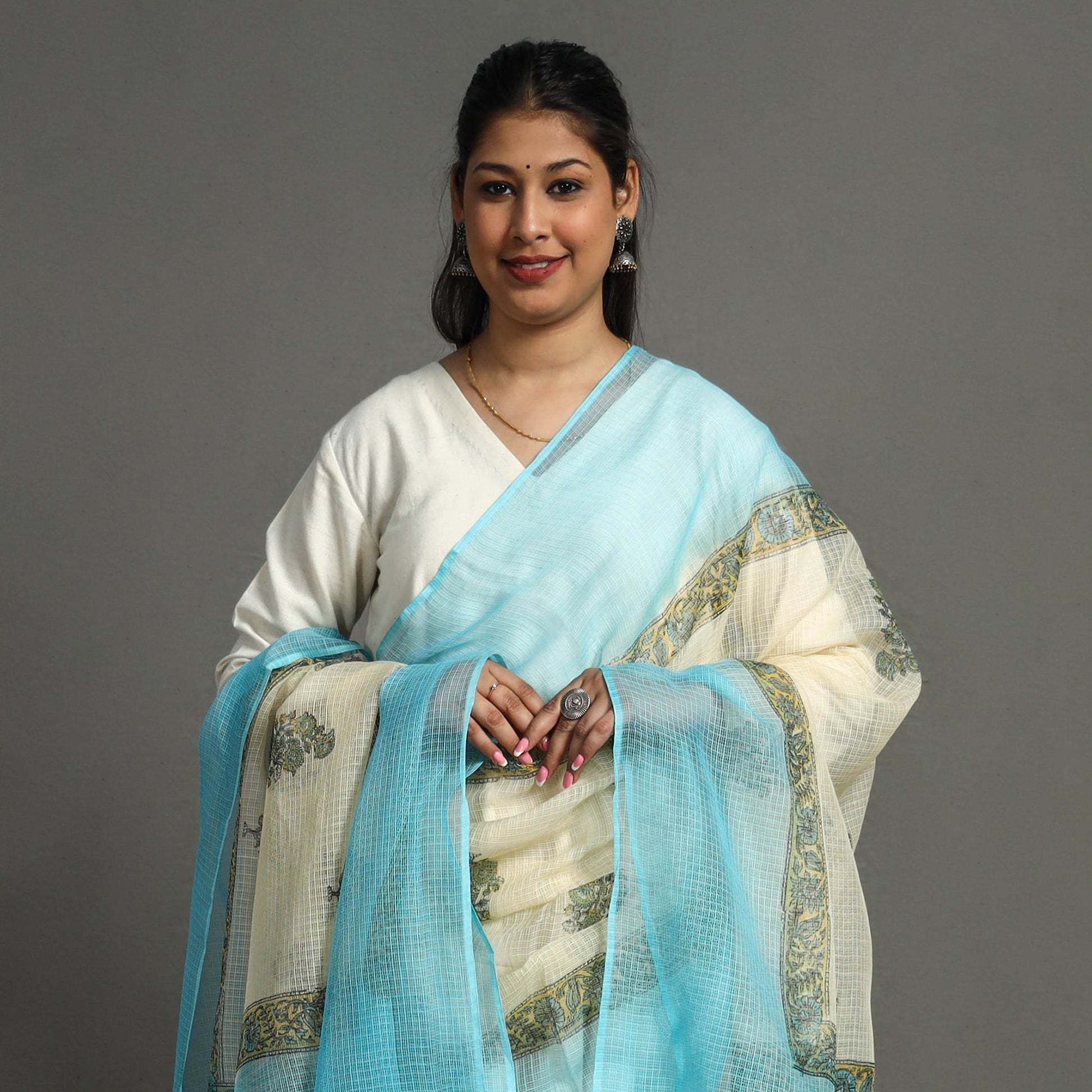 Blue - Block Printed Kota Doria Cotton Sanganeri Dupatta 50