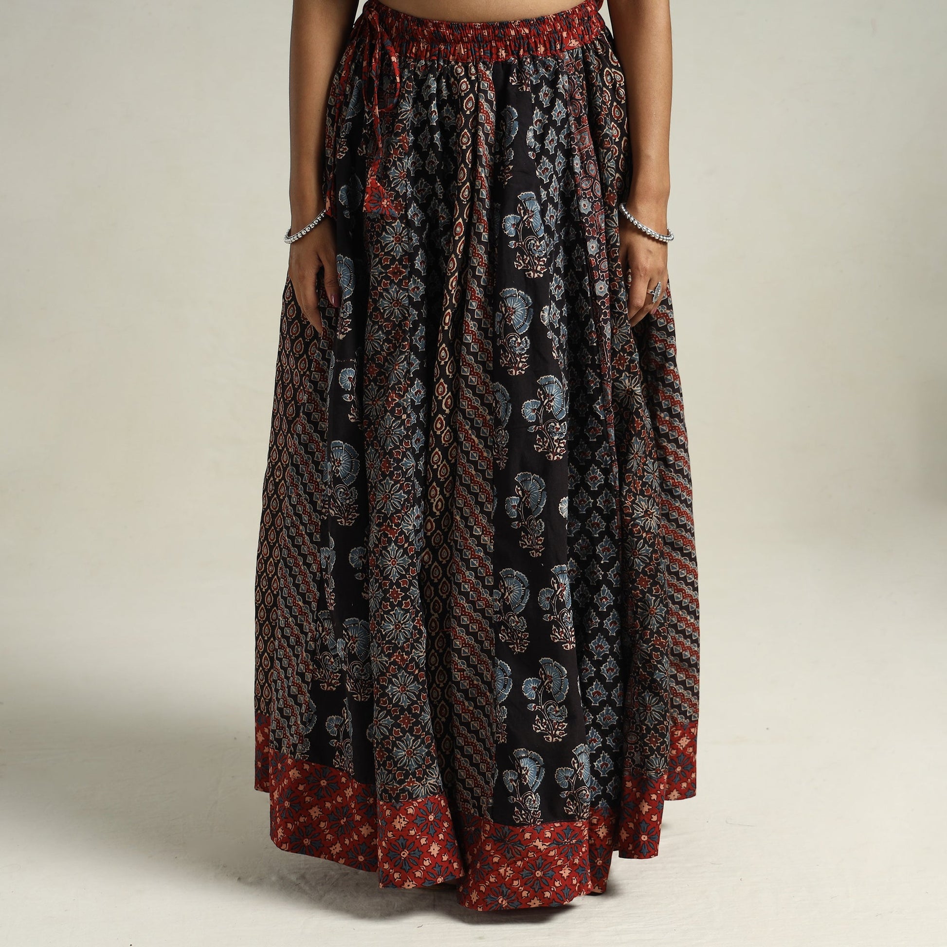 Black - Ajrakh Block Printed 24 Kali Patchwork Cotton Long Skirt 11
