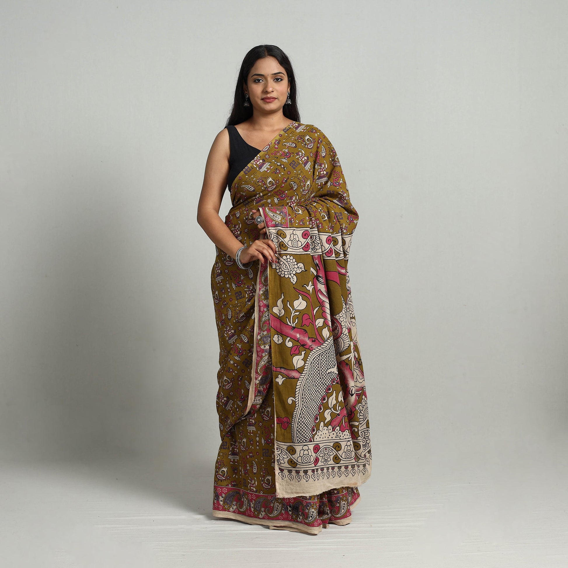 Brown - Kalamkari Print Cotton Saree with Blouse 23