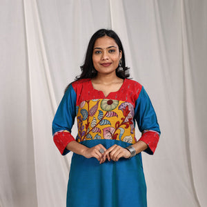 Blue - Aaliya Slub Silk Straight Plain Kurta with Patchwork
