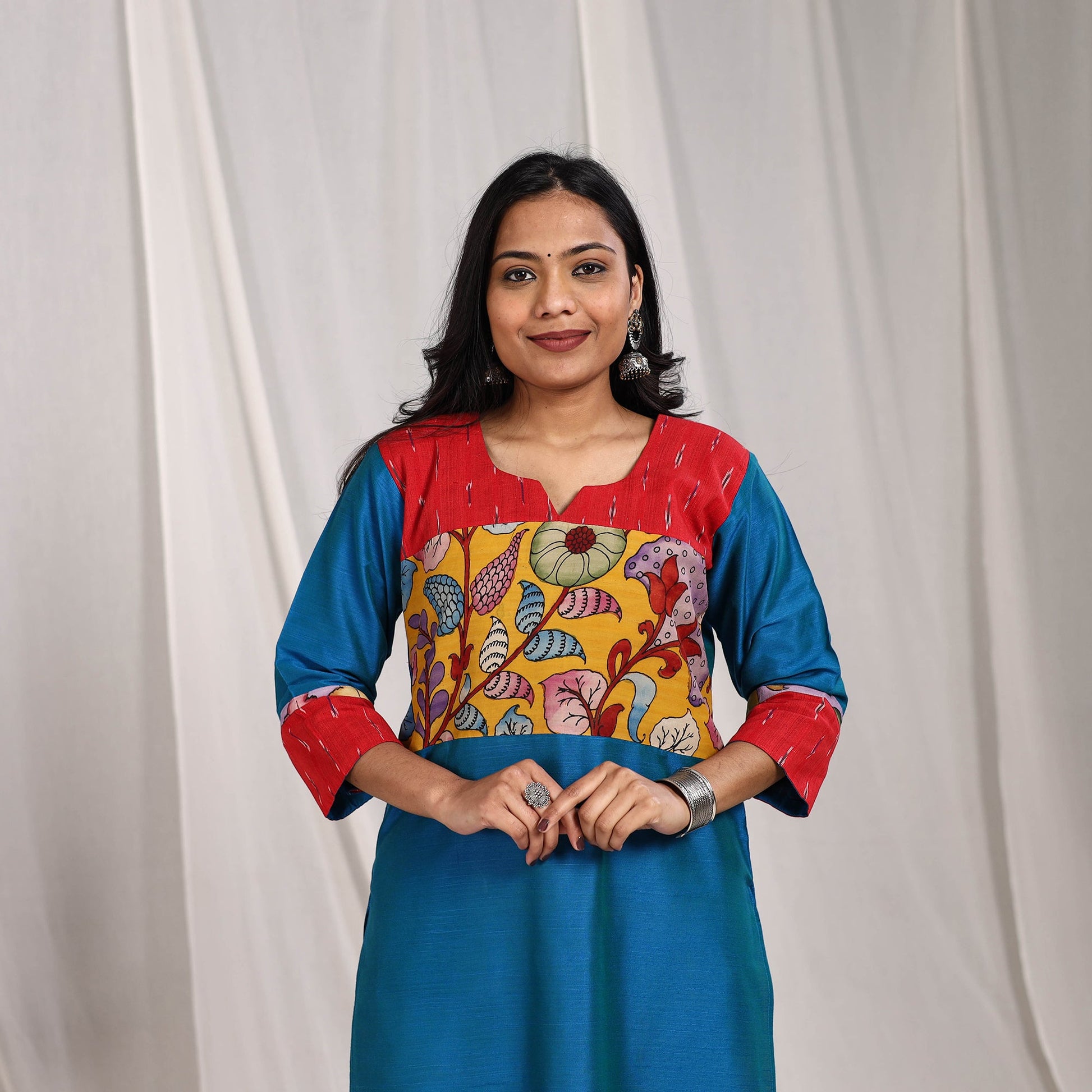Blue - Aaliya Slub Silk Straight Plain Kurta with Patchwork