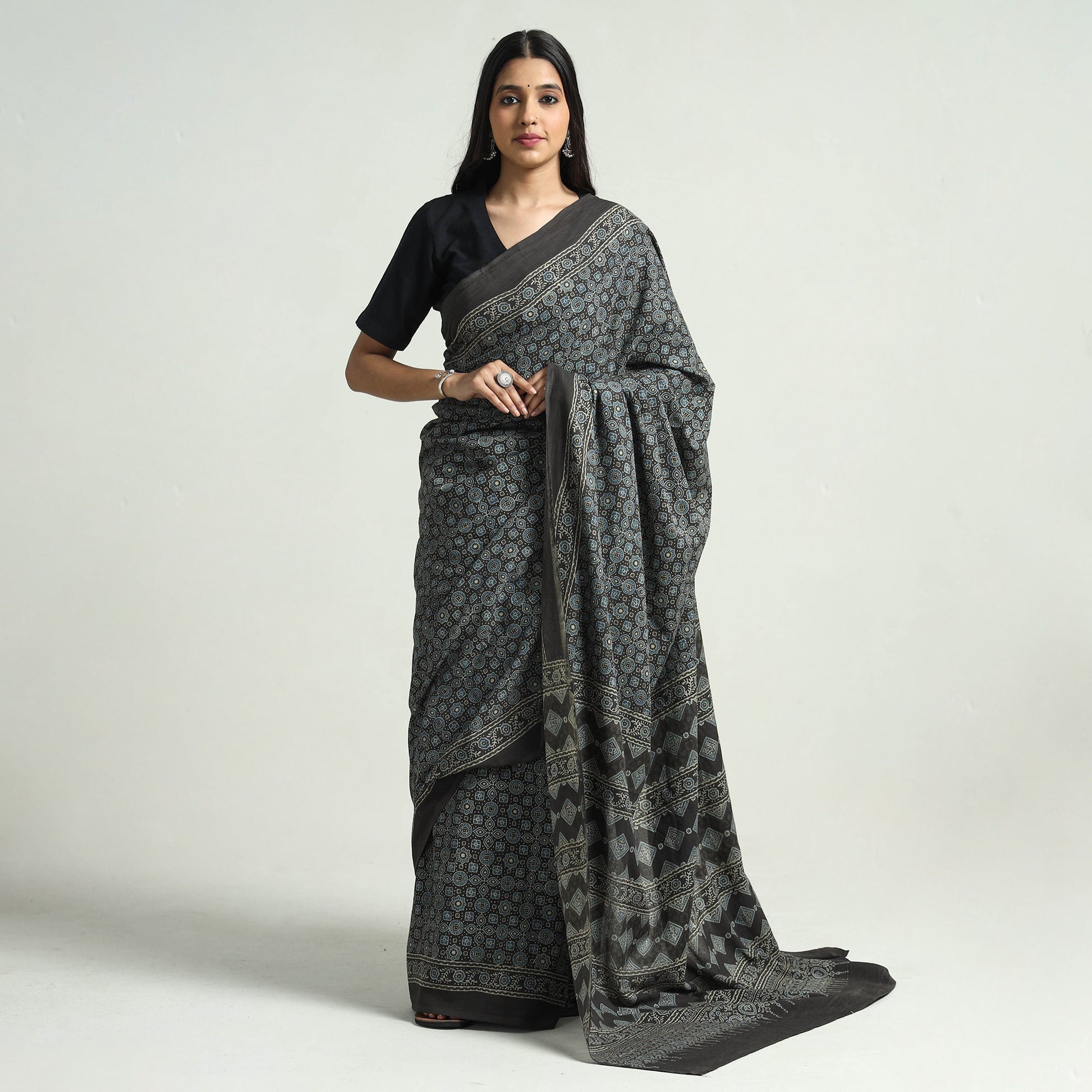 Black - Block Printed Cotton Ajrakh Saree
