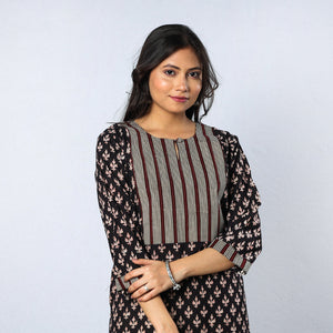 Black & Pinkish - Floral Buti Bagru Block Printed Cotton Long Kurta