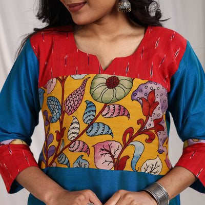 Blue - Aaliya Slub Silk Straight Plain Kurta with Patchwork