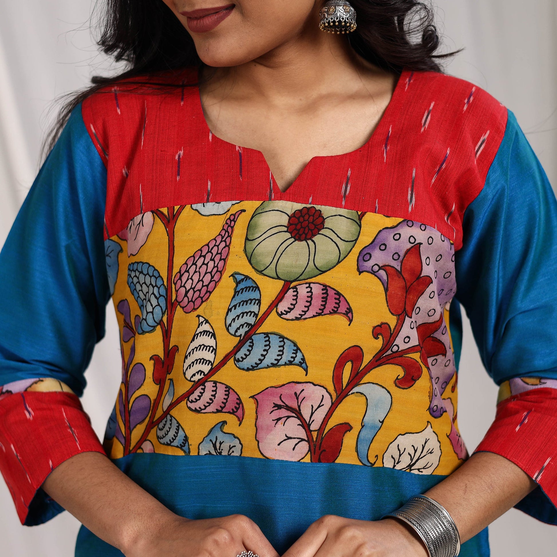 Blue - Aaliya Slub Silk Straight Plain Kurta with Patchwork