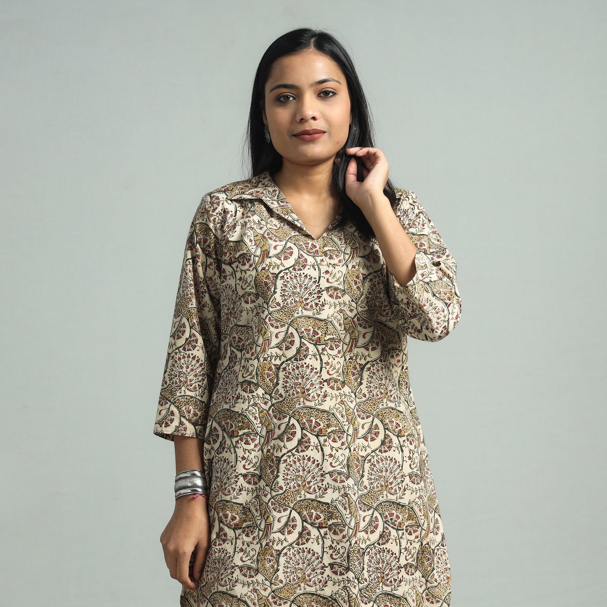 Beige - Pedana Kalamkari Block Printed Cotton Co-Ord Set