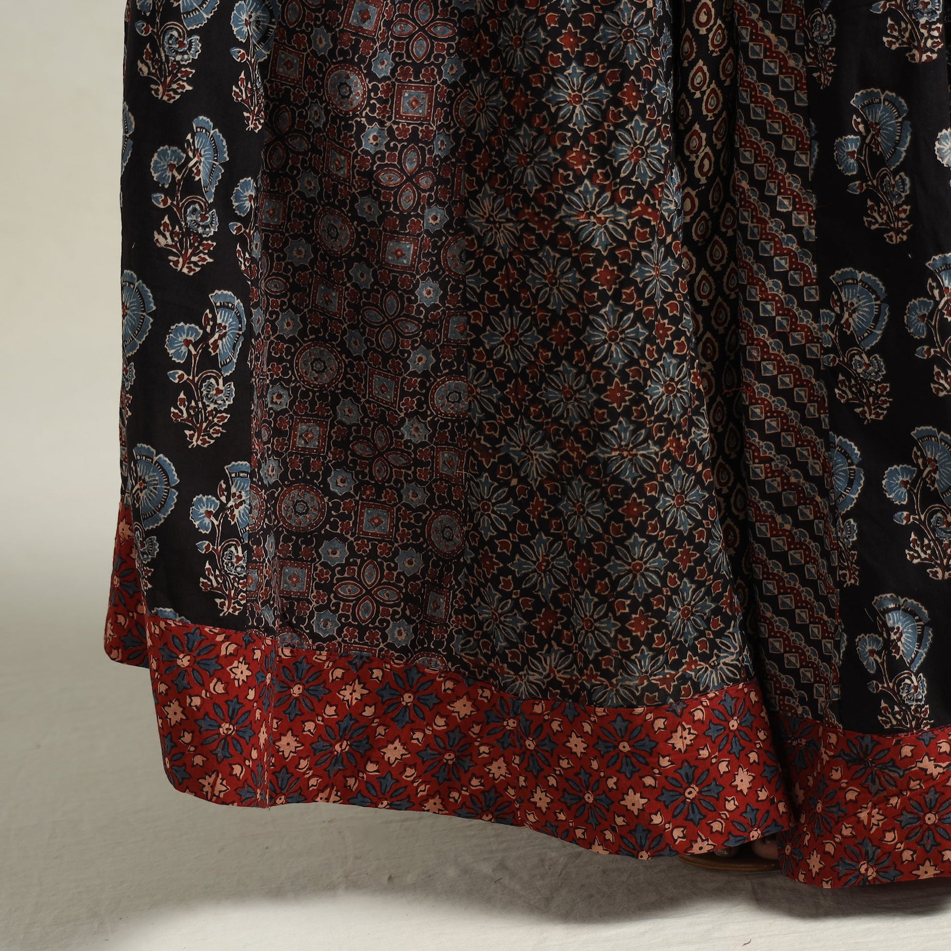 Black - Ajrakh Block Printed 24 Kali Patchwork Cotton Long Skirt 11