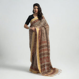 Brown - Original Pedana Kalamkari Block Print Silk Saree