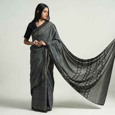 Black - Block Printed Cotton Ajrakh Saree