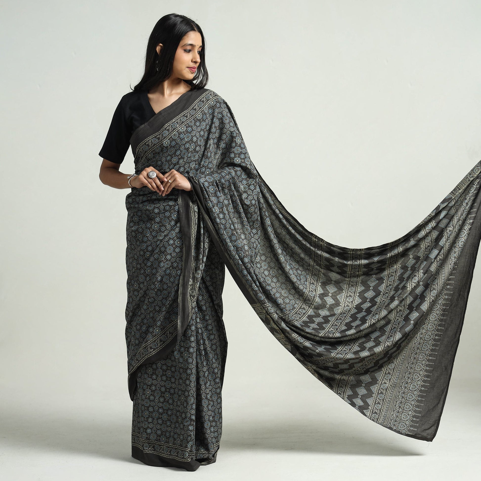Black - Block Printed Cotton Ajrakh Saree