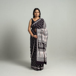 Black - Natural Dyed Bagh Print Cotton Saree with Blouse Piece 26