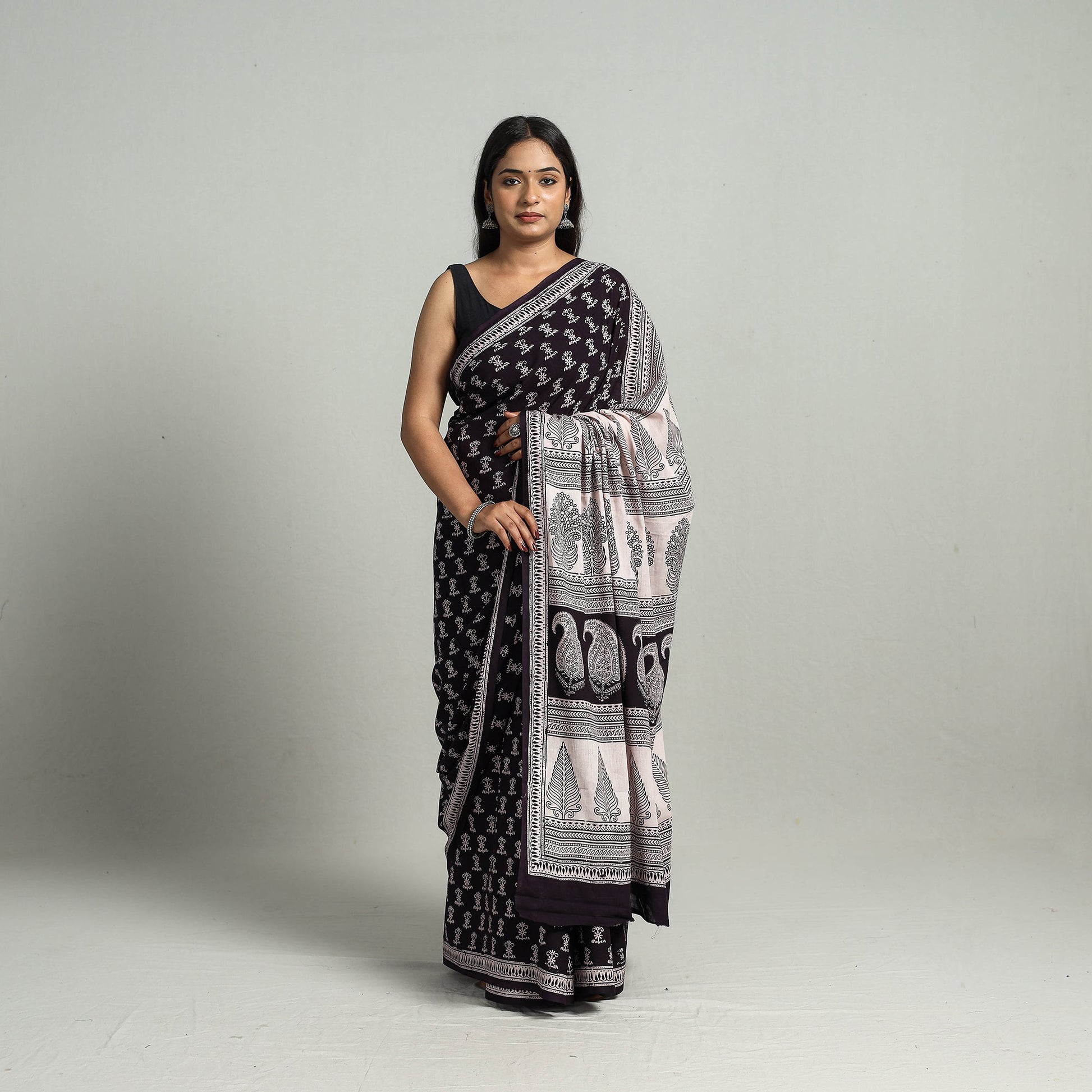 Black - Natural Dyed Bagh Print Cotton Saree with Blouse Piece 26