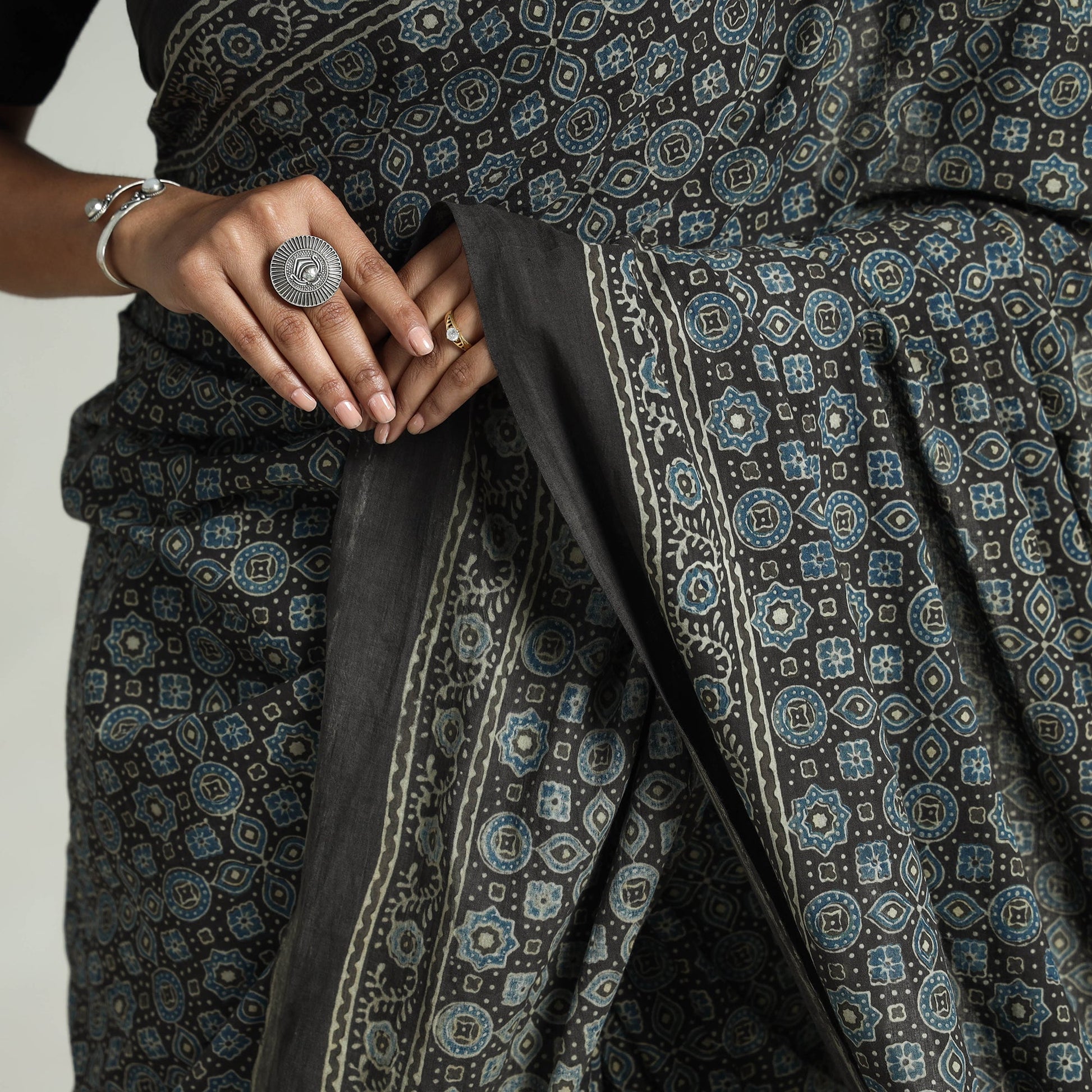 Black - Block Printed Cotton Ajrakh Saree