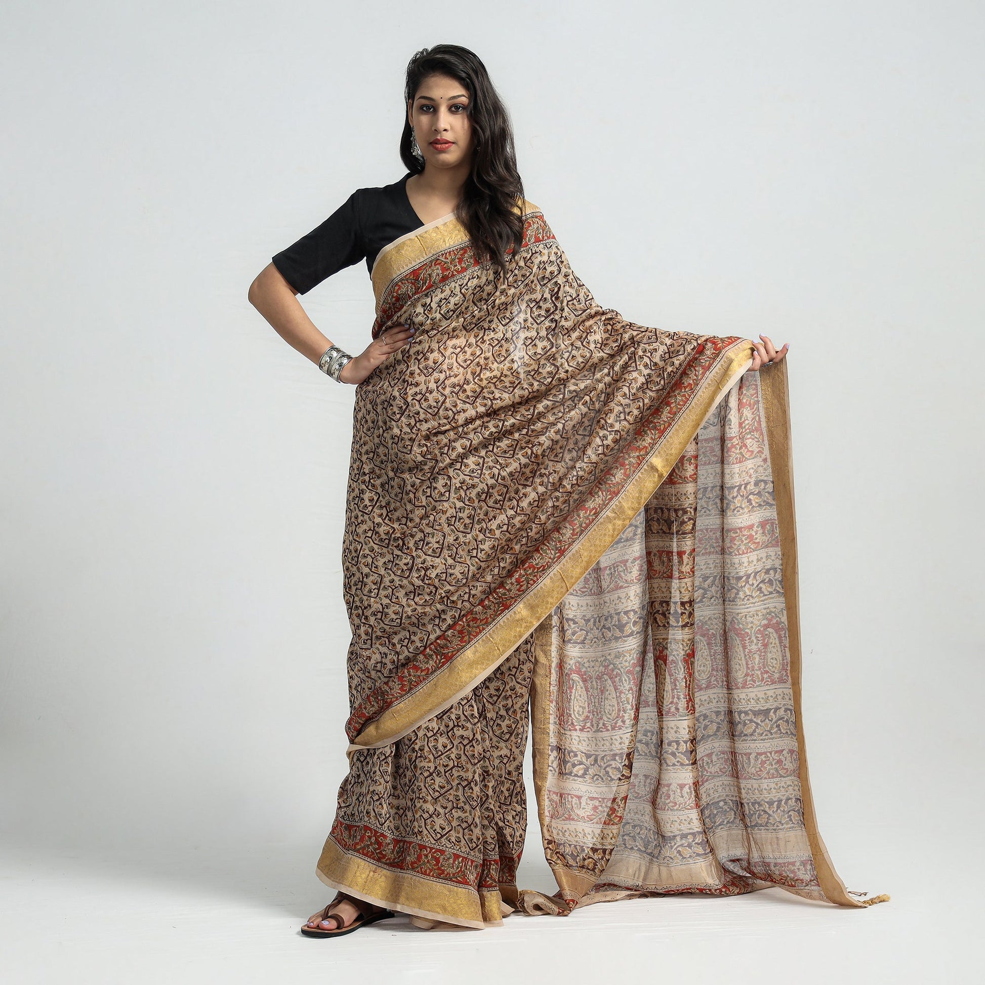 Brown - Original Pedana Kalamkari Block Print Silk Saree