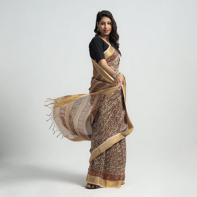 Brown - Original Pedana Kalamkari Block Print Silk Saree