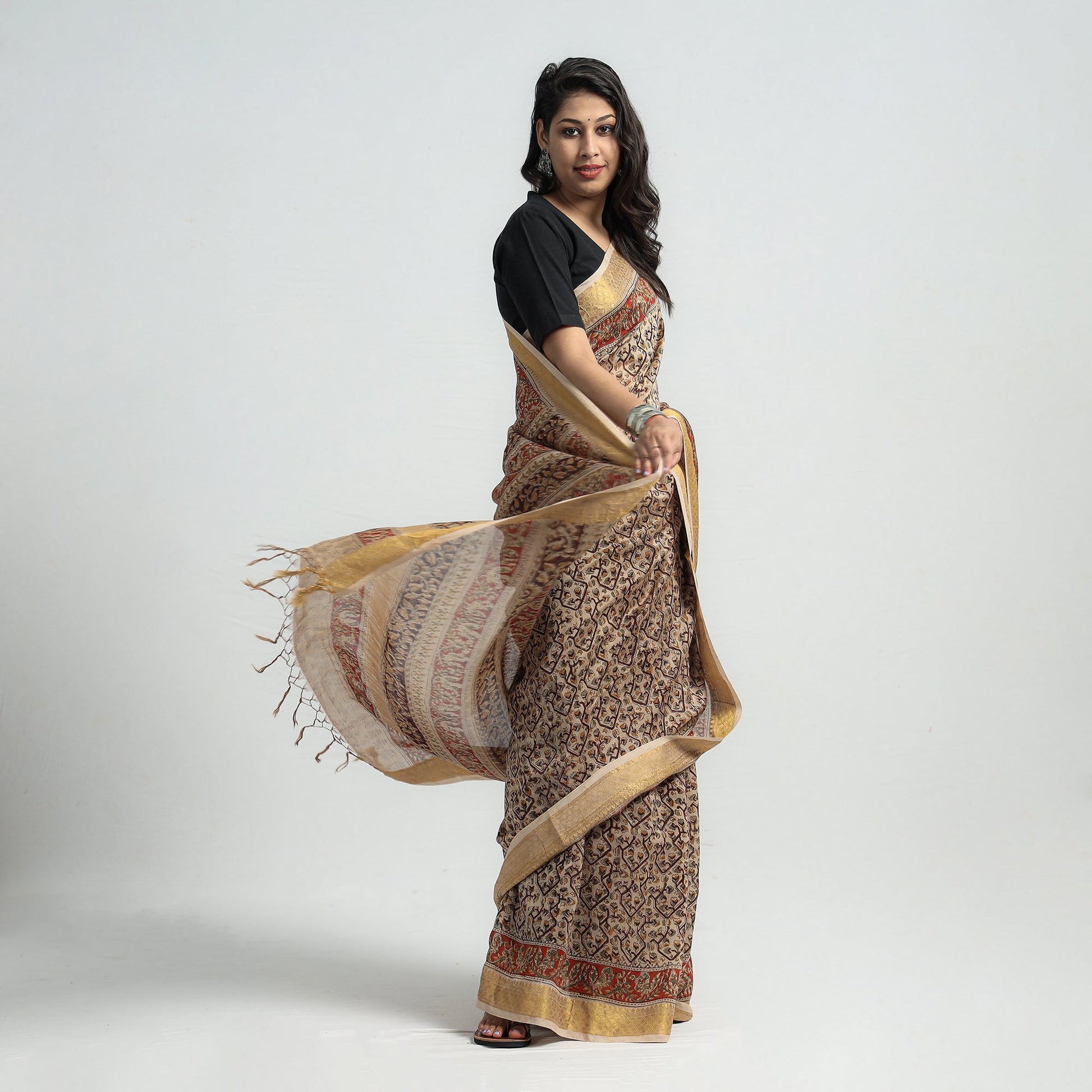 Brown - Original Pedana Kalamkari Block Print Silk Saree