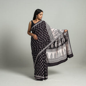 Black - Natural Dyed Bagh Print Cotton Saree with Blouse Piece 26