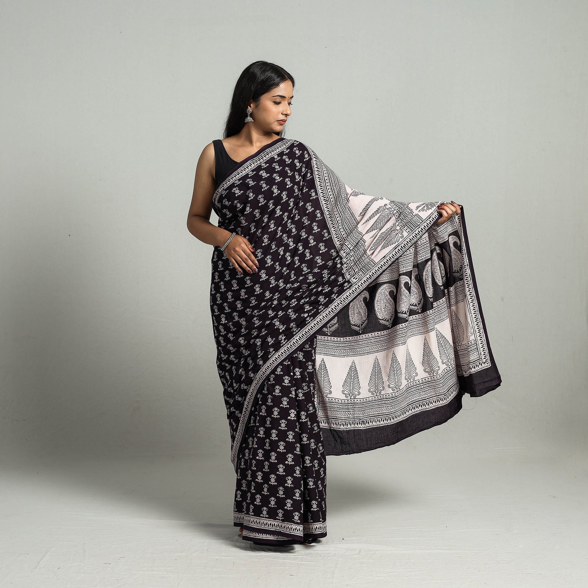 Black - Natural Dyed Bagh Print Cotton Saree with Blouse Piece 26