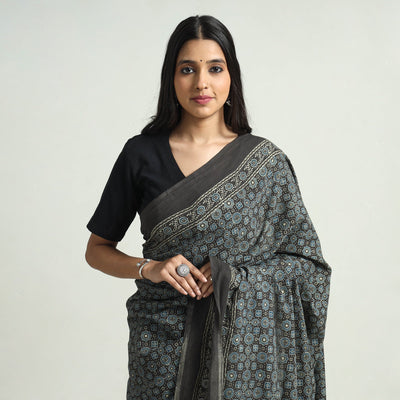 Black - Block Printed Cotton Ajrakh Saree