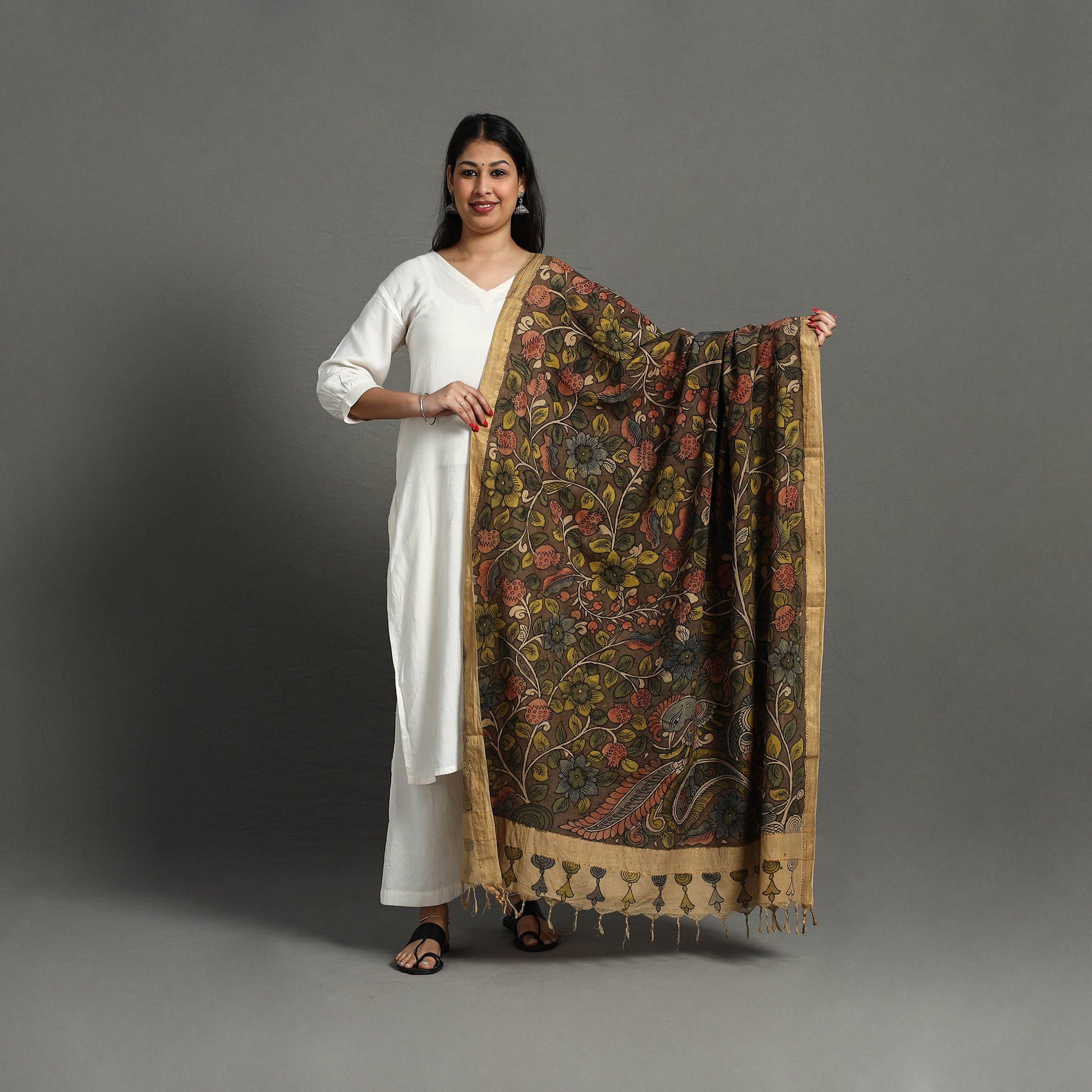 Brown - Mangalagiri Cotton Handpainted Pen Work Kalamkari Dupatta 20