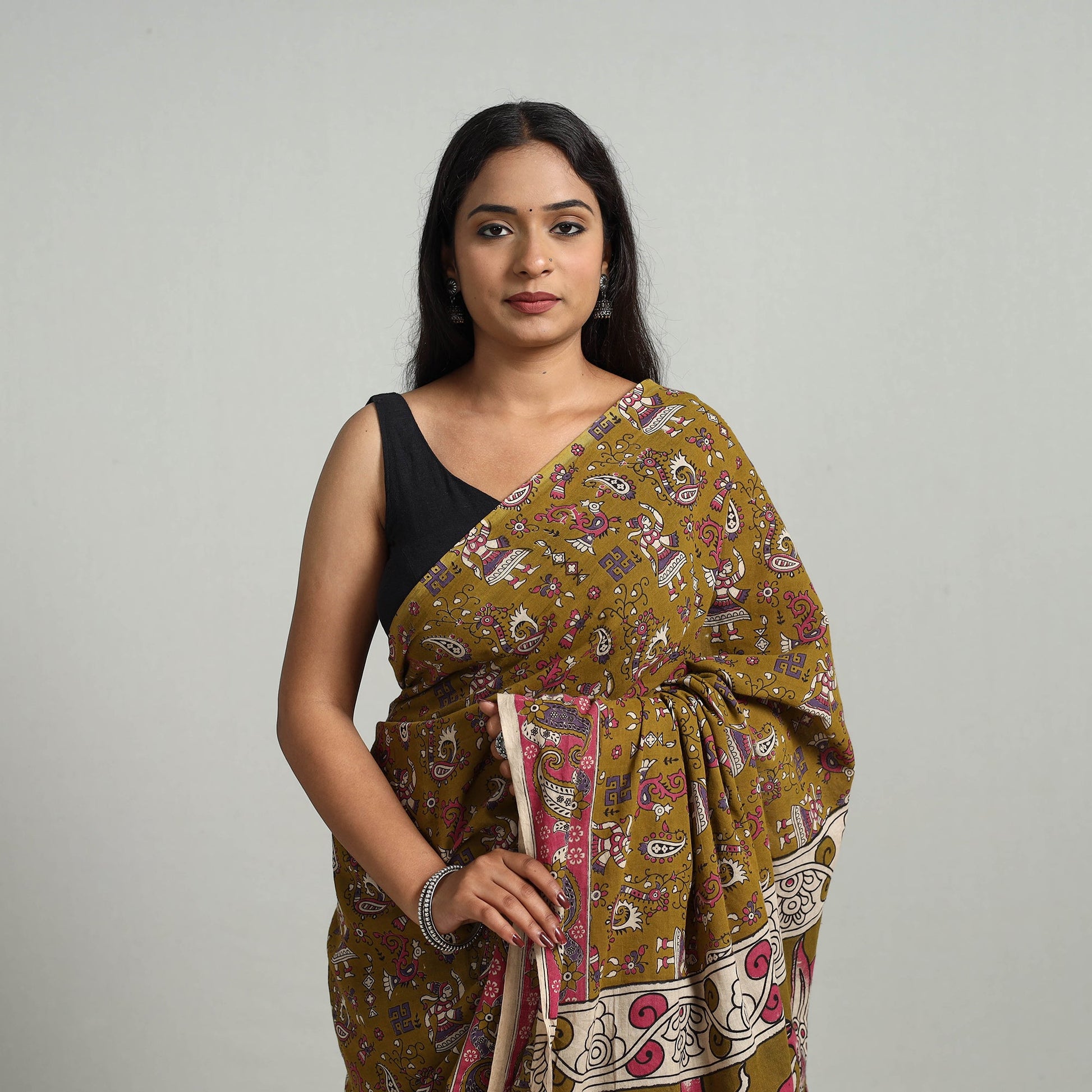 Brown - Kalamkari Print Cotton Saree with Blouse 23