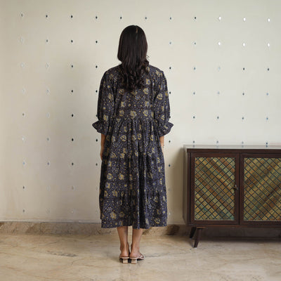 Black - Block Printed Cotton Flare Jahota Dress 09