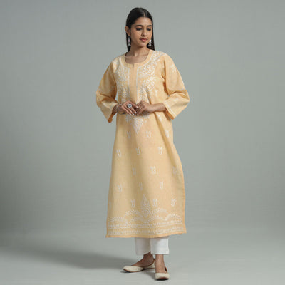 Beige Chikankari Hand Embroidered Cotton Long Kurta