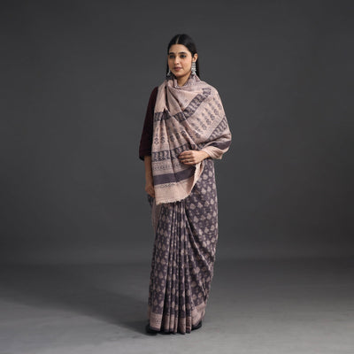 Brown - Handwoven Merino Wool Bagh Block Print Saree 05