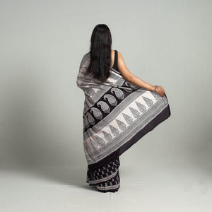 Black - Natural Dyed Bagh Print Cotton Saree with Blouse Piece 26
