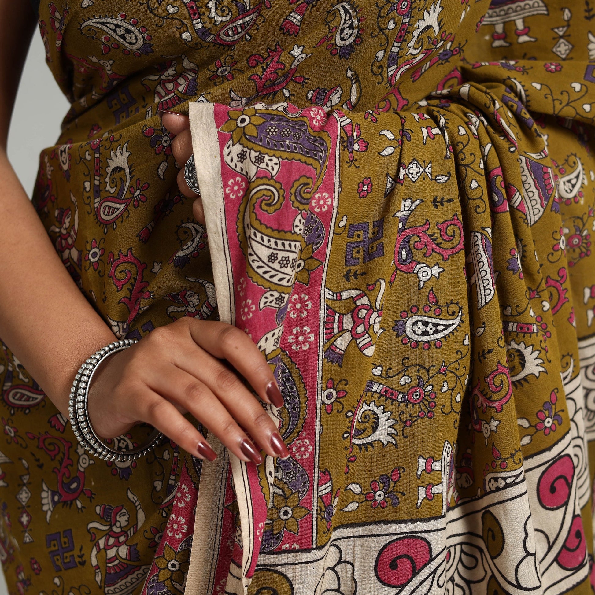 Brown - Kalamkari Print Cotton Saree with Blouse 23