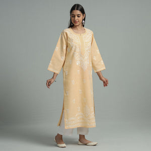 Beige Chikankari Hand Embroidered Cotton Long Kurta