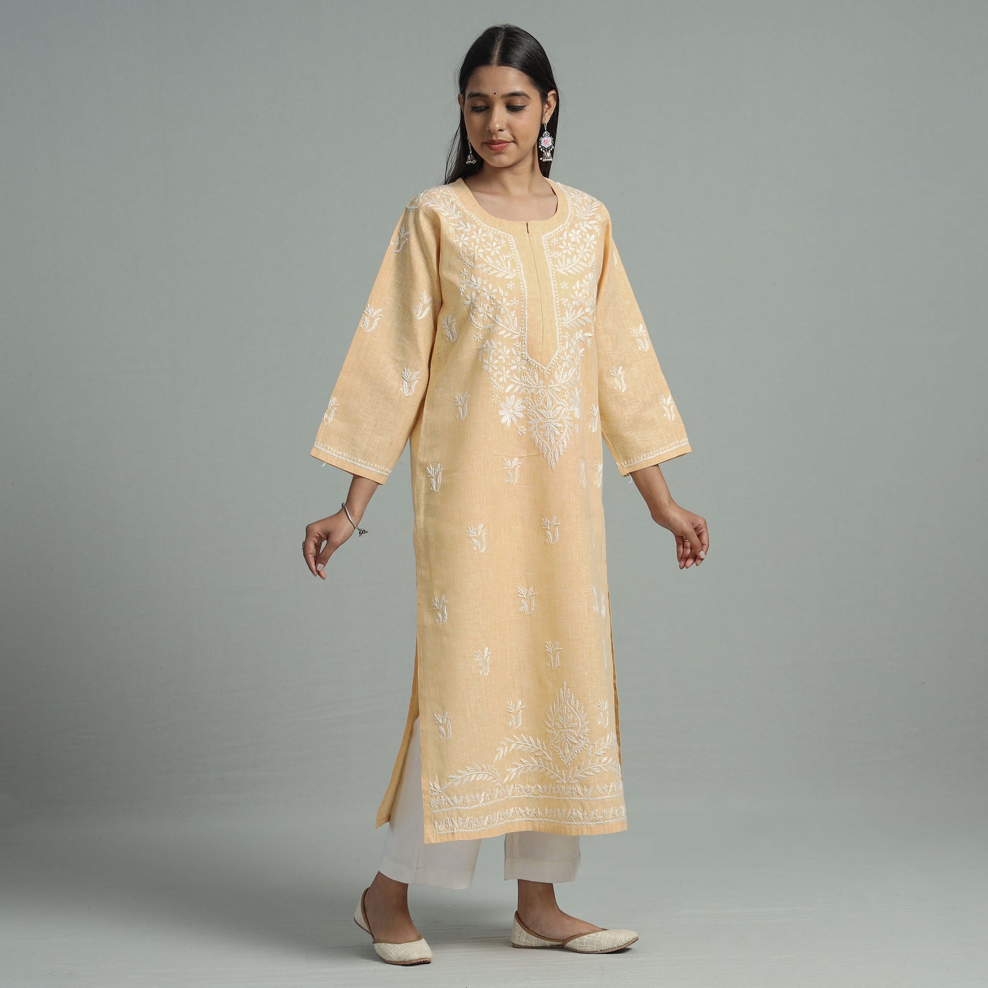 Beige Chikankari Hand Embroidered Cotton Long Kurta