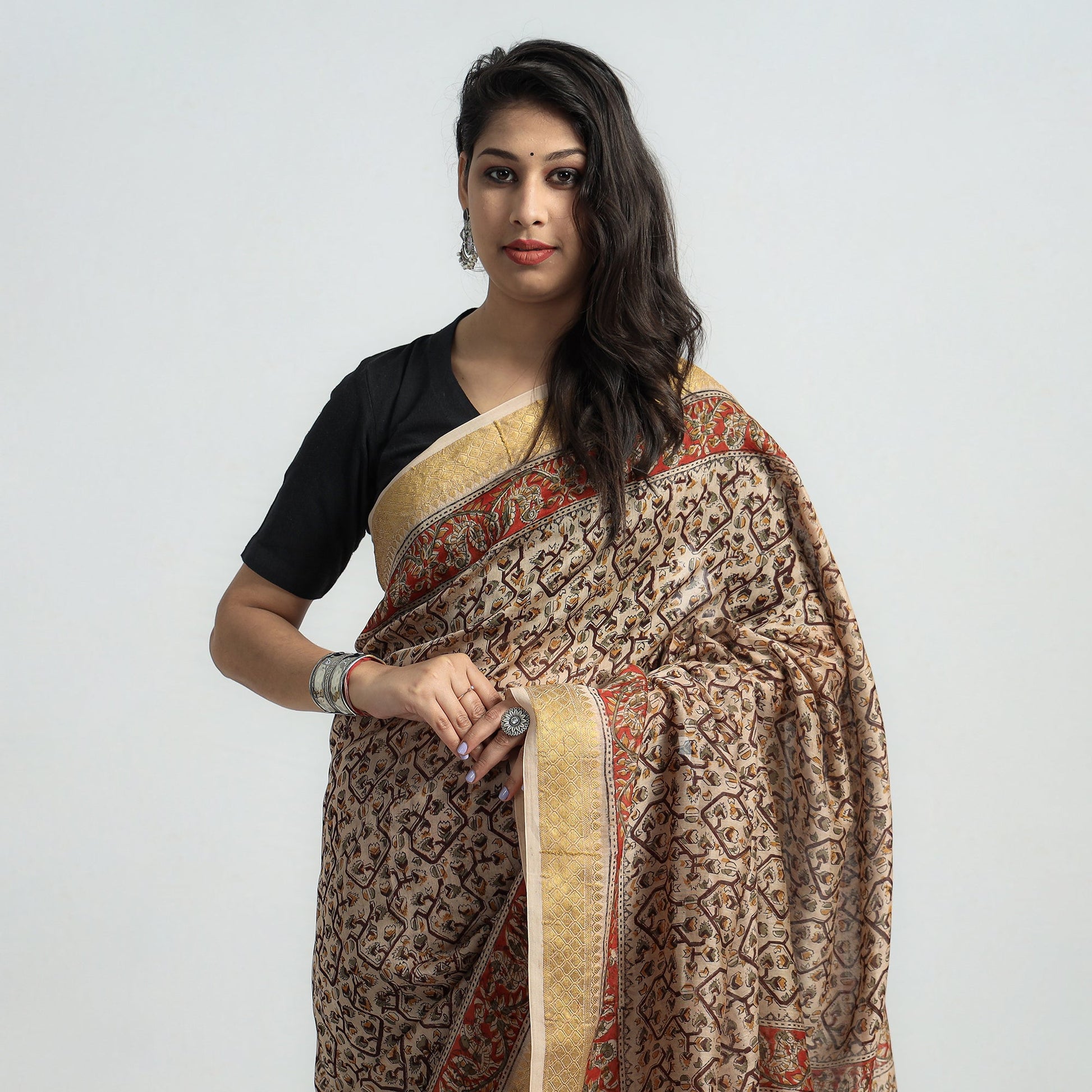 Brown - Original Pedana Kalamkari Block Print Silk Saree