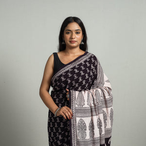 Black - Natural Dyed Bagh Print Cotton Saree with Blouse Piece 26