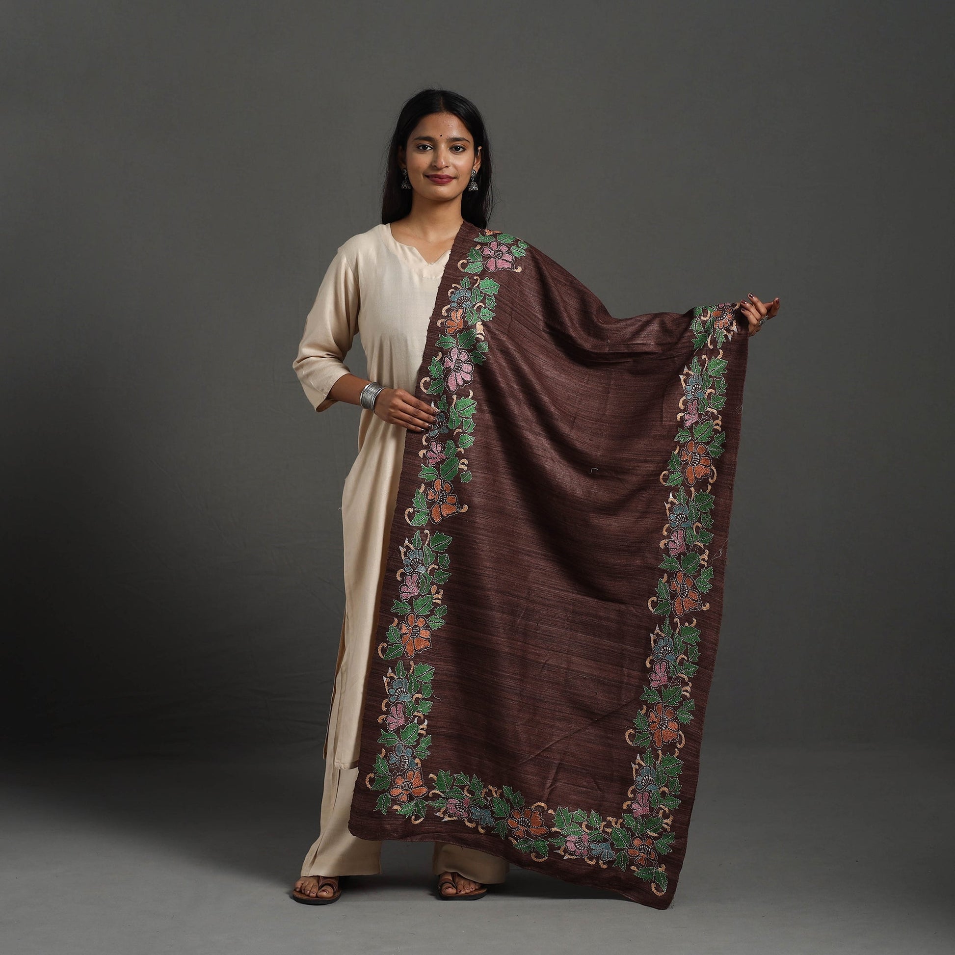 Brown - Handloom Matka Silk Bengal Kantha Work Stole 22