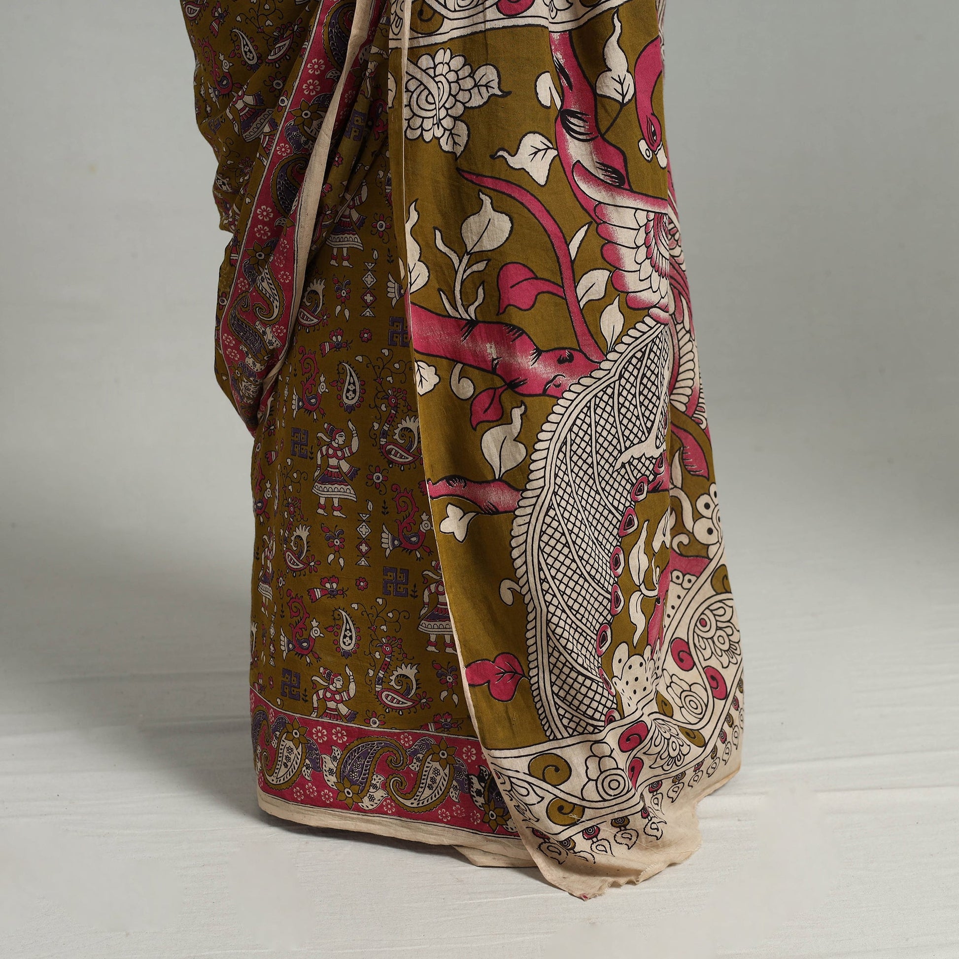 Brown - Kalamkari Print Cotton Saree with Blouse 23