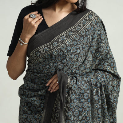 Black - Block Printed Cotton Ajrakh Saree