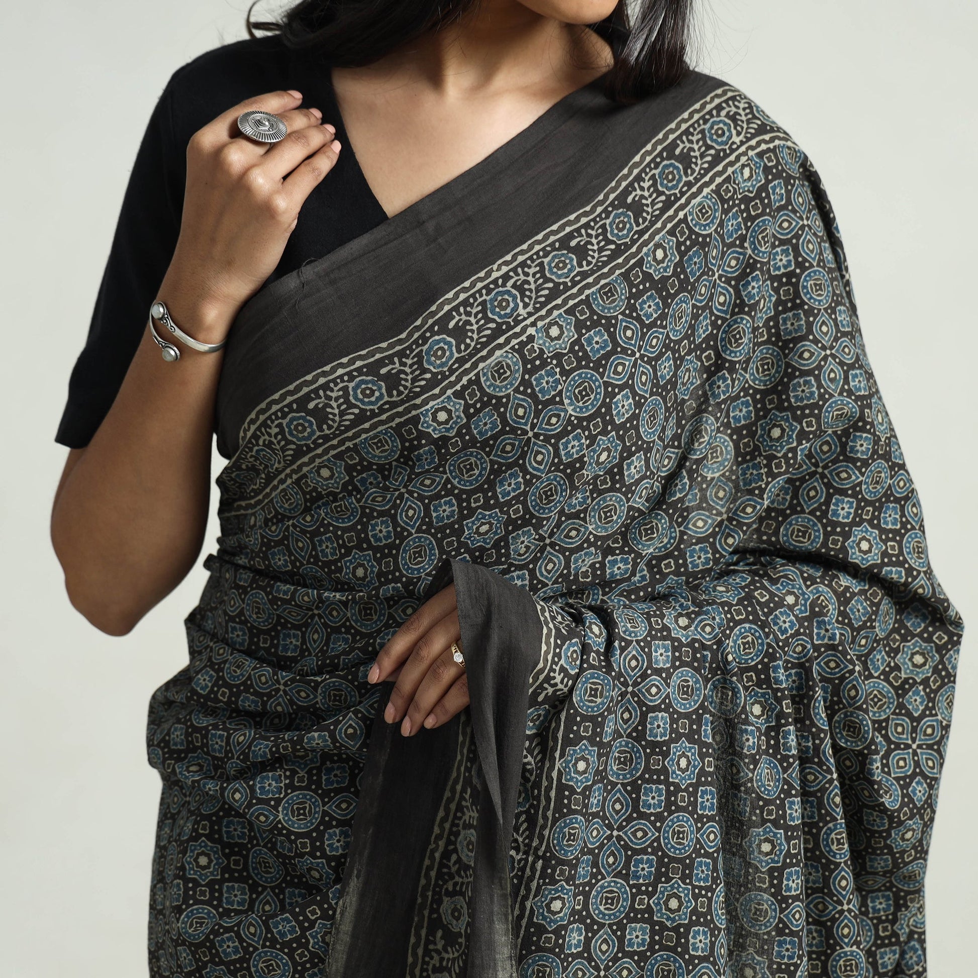 Black - Block Printed Cotton Ajrakh Saree