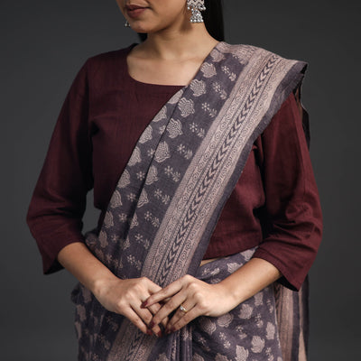 Brown - Handwoven Merino Wool Bagh Block Print Saree 05