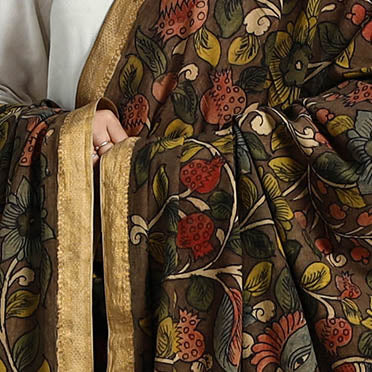 Brown - Mangalagiri Cotton Handpainted Pen Work Kalamkari Dupatta 20