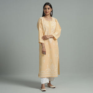 Beige Chikankari Hand Embroidered Cotton Long Kurta