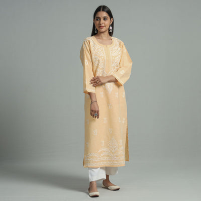Beige Chikankari Hand Embroidered Cotton Long Kurta