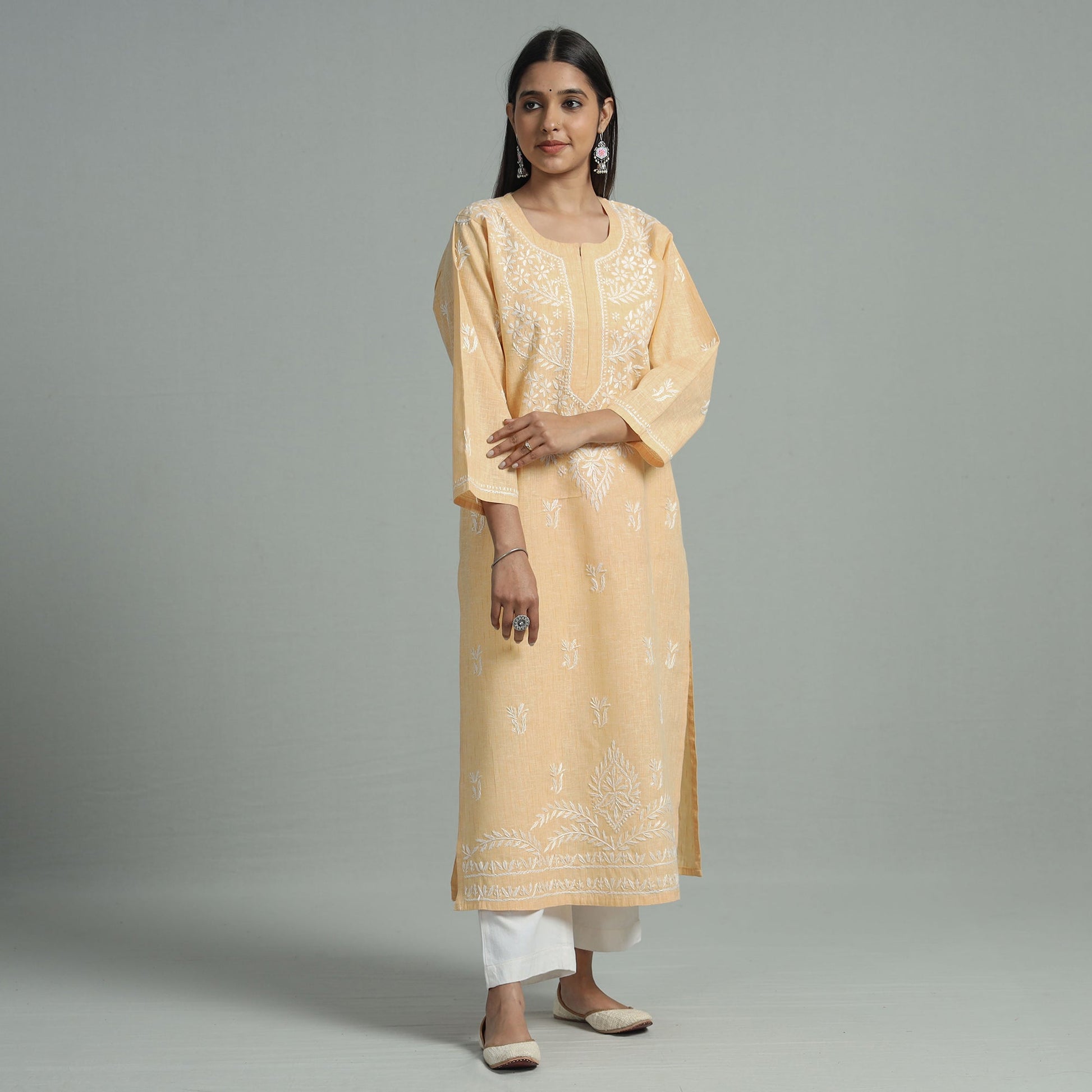 Beige Chikankari Hand Embroidered Cotton Long Kurta