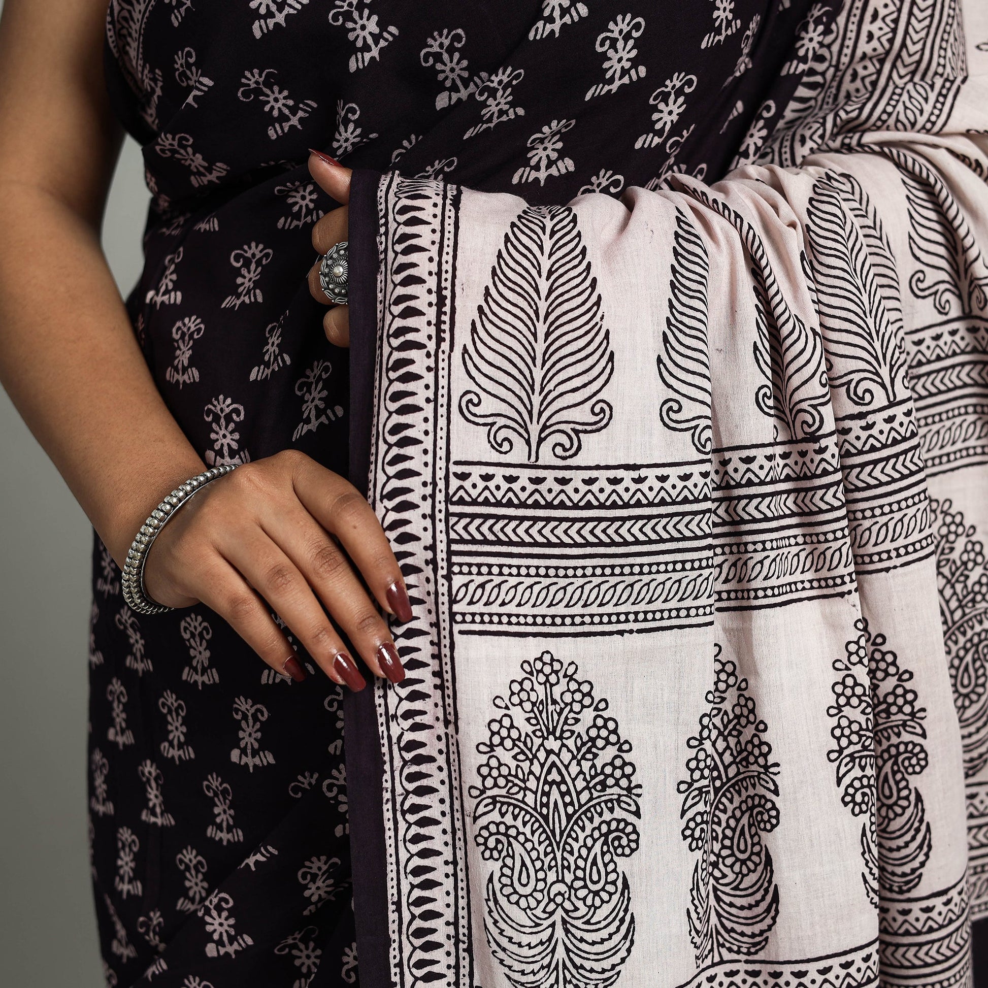 Black - Natural Dyed Bagh Print Cotton Saree with Blouse Piece 26