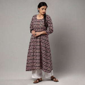 Black - Block Print Cotton A-Line Bagh Kurta