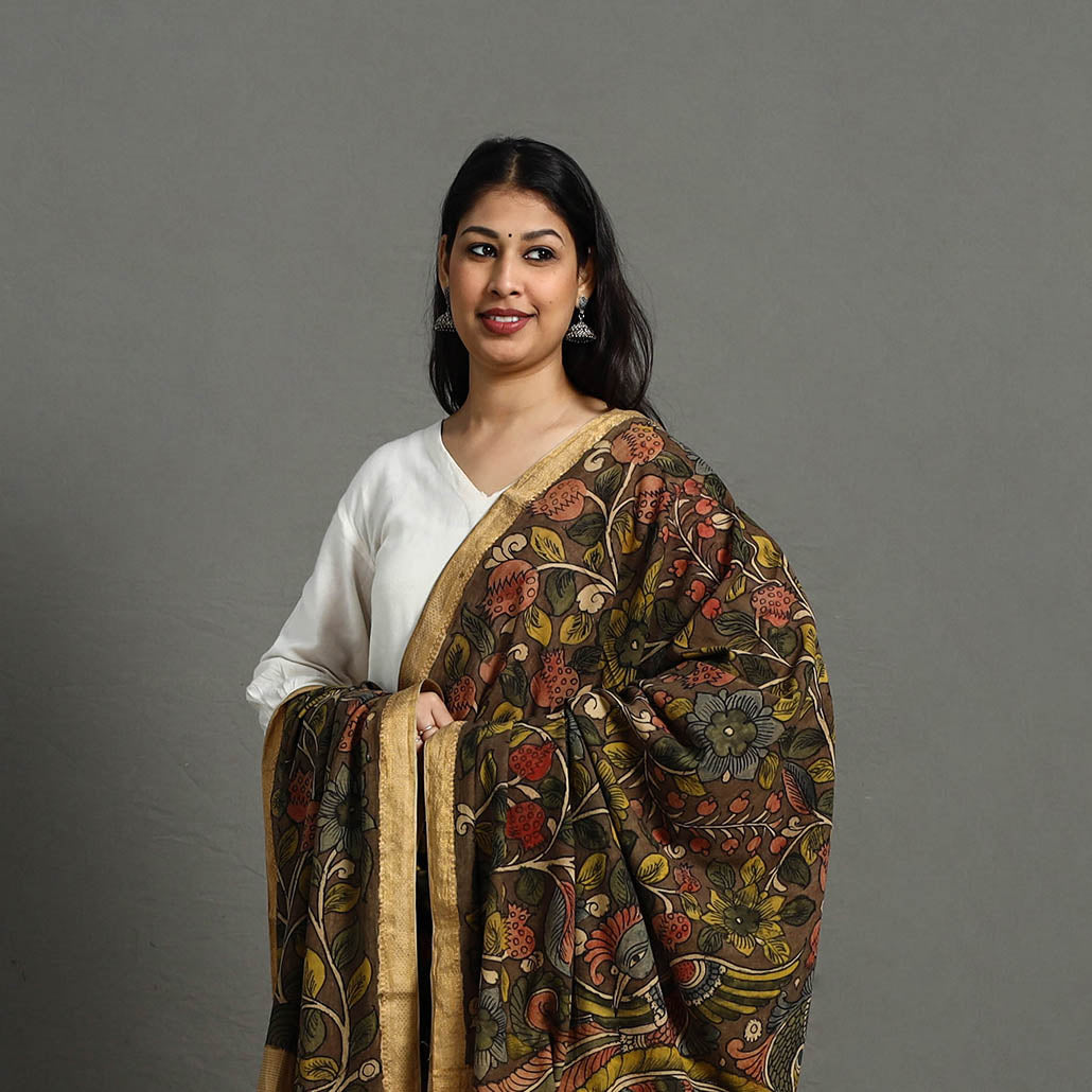 Brown - Mangalagiri Cotton Handpainted Pen Work Kalamkari Dupatta 20